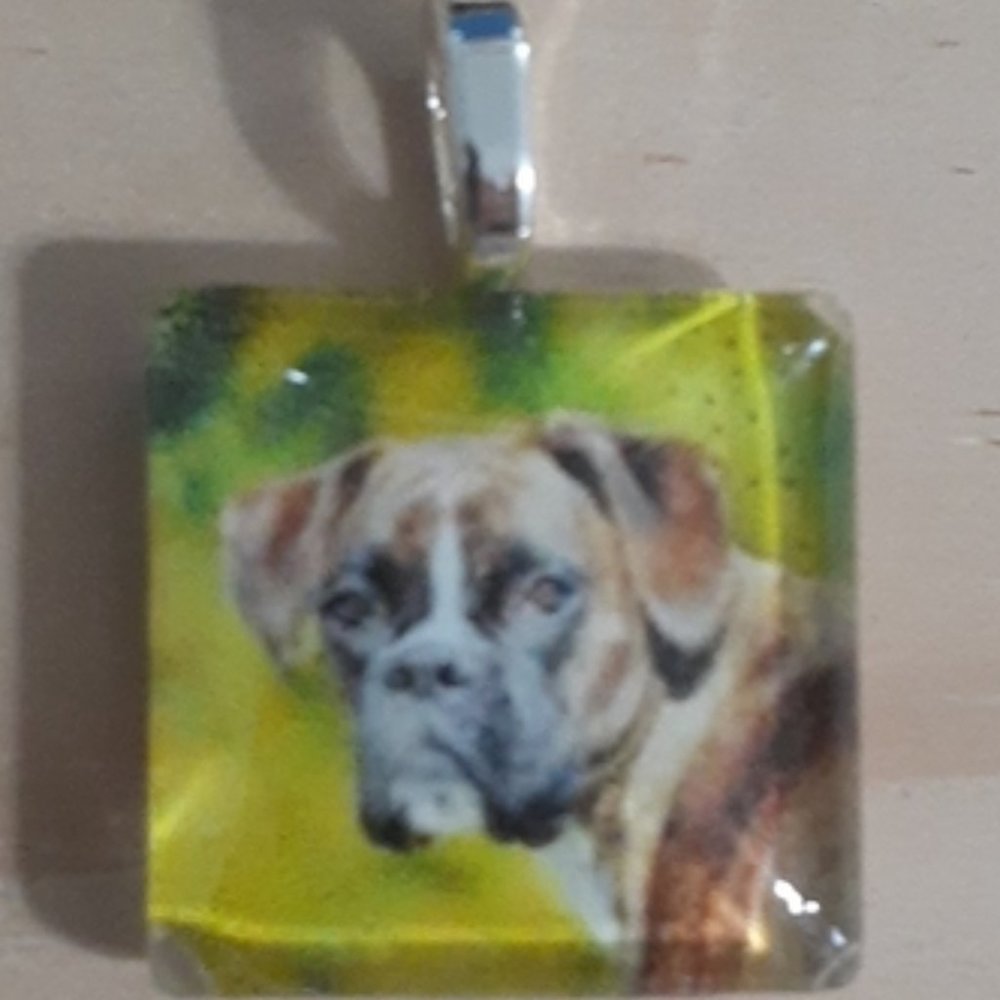 Hand Crafted Boxer Glass Tile Pendant Dog Fur Baby Necklace